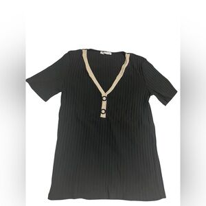 Zara Black Ribbed Buttoned Blouse with Cream Trim